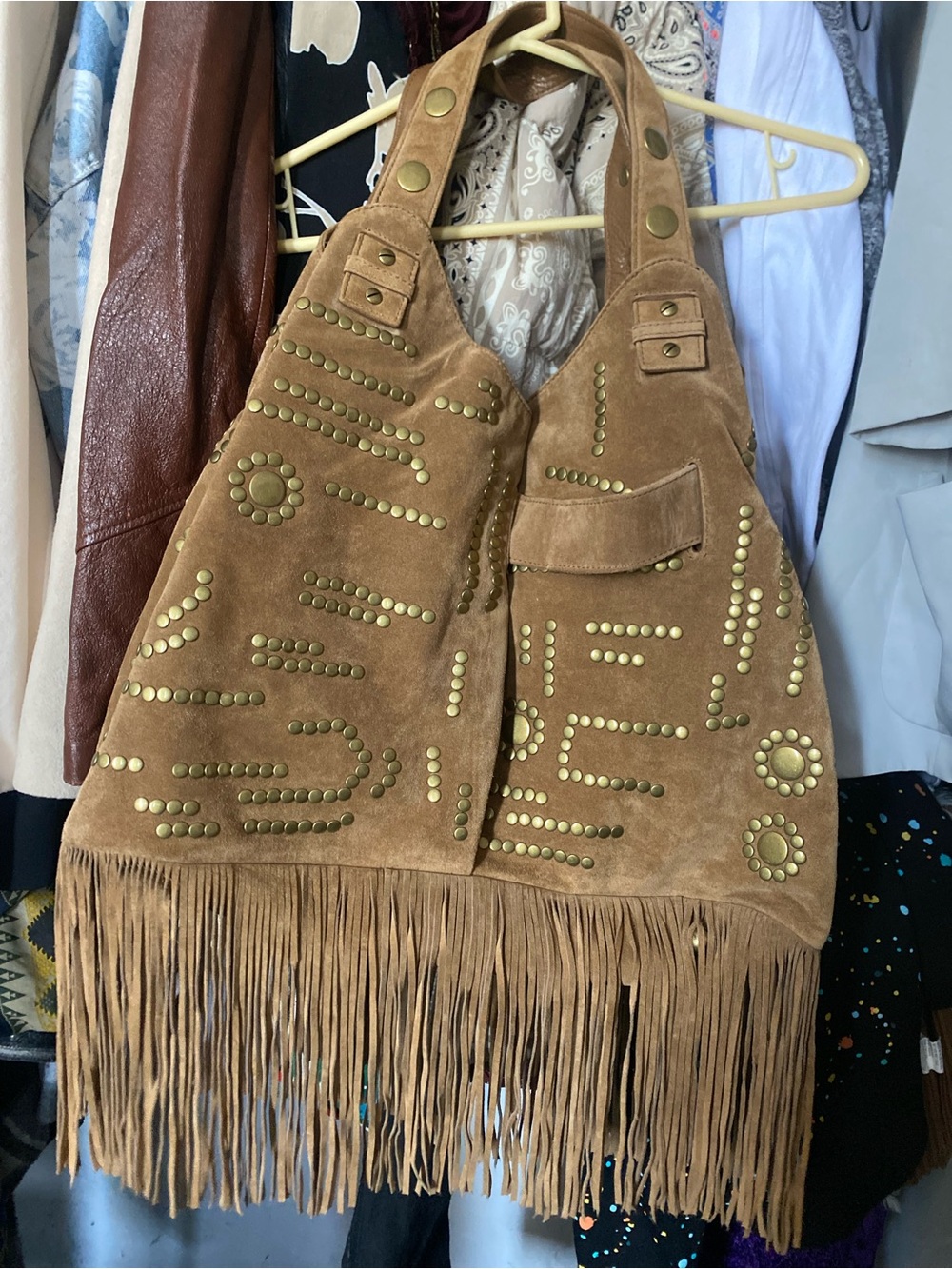 Diane Von Furstenberg Tan Suede Fringe Hobo with Gold Stud Accents